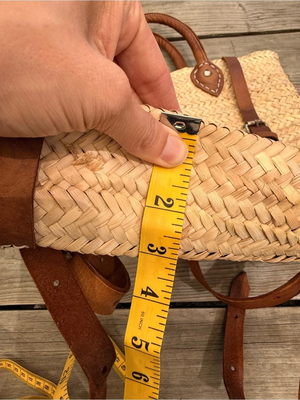 Natural Straw Backpack with Brown Leather Trim